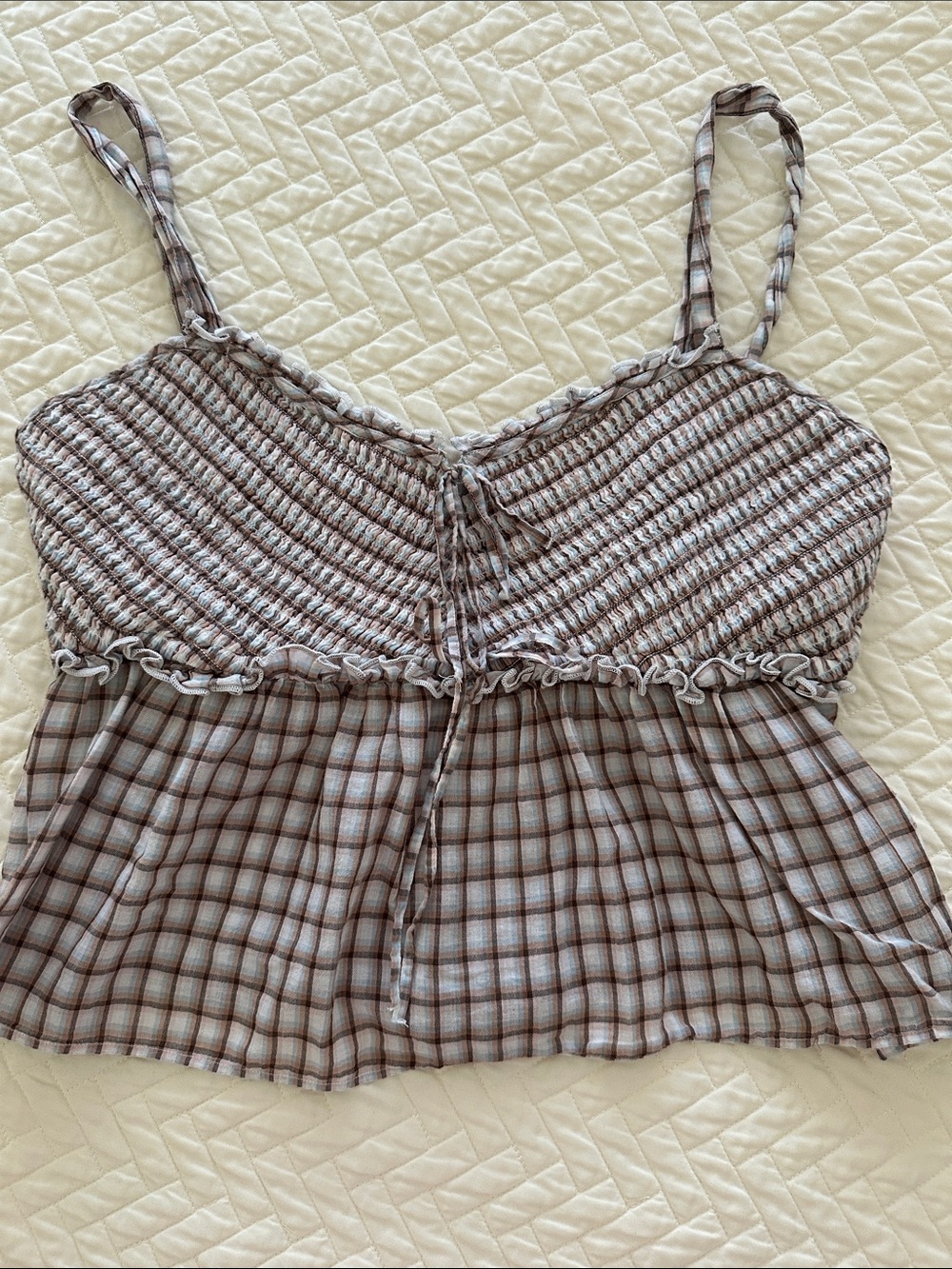 American Eagle Outfitters Brown and White Smocked Plaid Cami